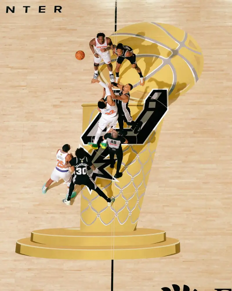 九游体验-NBA官方晒本场比赛球场中央跳球鸟瞰图：总决赛正在进行中